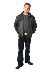 Young adult standing isolated wearing leather jacket