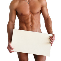 Naked Muscular Torso Covering Copy Space Box