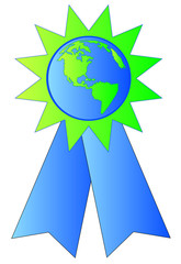 green and blue ribbon with earth or globe in the center