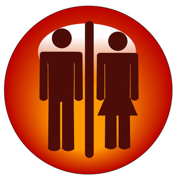 red stick figure man and woman on round button or icon..