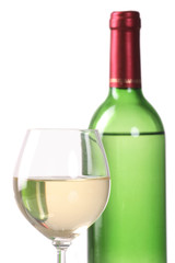Bottle and glass of  wine  on white background
