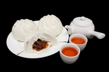 Chinese Barbecued Pork Bun with Teapot and Teacups