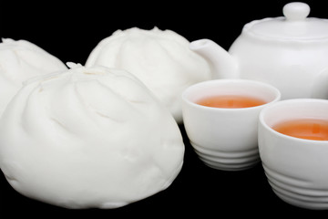 Chinese Barbecued Pork Bun with Teapot and Teacups