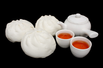 Chinese Barbecued Pork Bun with Teapot and Teacups