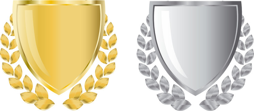 golden and silver shields with laurel wreath