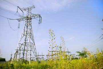 Electrical towers on blue sky background