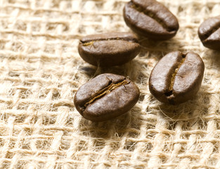 coffee beans on burlap macro