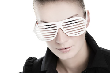 Beautiful young woman with stylish shutter shades sunglasses iso