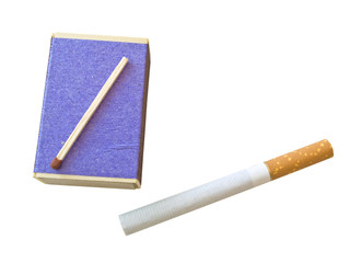 Isolated match and cigarette against the white background