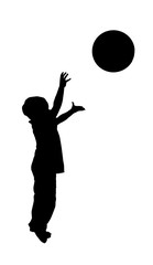 boy throwing red ball over white