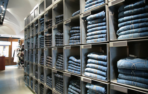 cells with jeans in shop