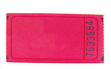blank pink ticket stub, closeup isolated on white