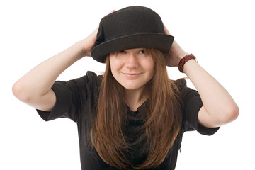 smiling young woman in black hat