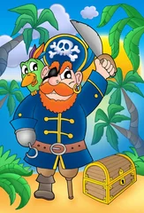 Abwaschbare Fototapete Piraten Pirat mit Papagei und Schatzkiste