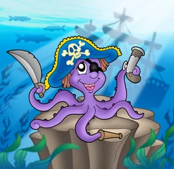 Deurstickers Piraten Piraten octopus met scheepswrak
