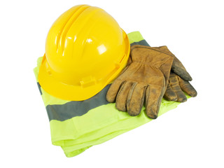Yellow hardhat, old leather gloves and reflective vest