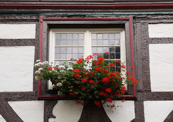 Fototapeta na wymiar Half-drewniany dom z kwiatami