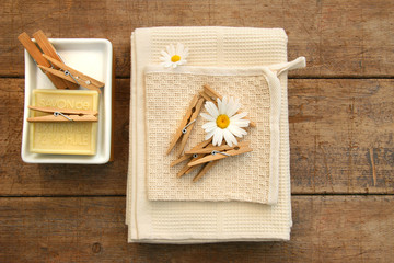 Soap, clothespins and towels