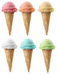 Six ice cream cone of 6 different flavors