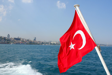 Turkish flag on an Istanbul ferry - obrazy, fototapety, plakaty