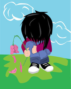 upset emo boy sitting with dying flower