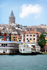 Istanbul city port with a steamboat