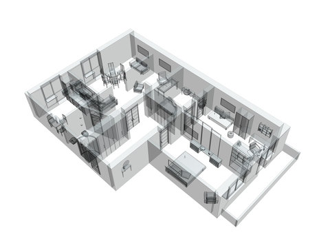 3d sketch of a four-room apartment