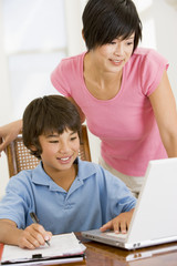 Fototapeta premium Woman helping young boy with laptop do homework in dining room s
