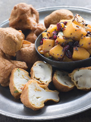 Pakoras- Mushroom and Cauliflower with Mango Mustard and Pomegra