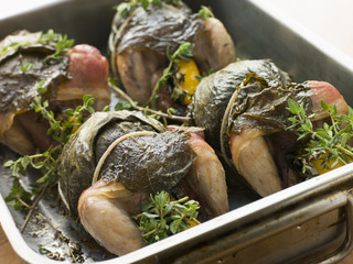 Quails Roasted in Vine Leaves with Lemon and Thyme