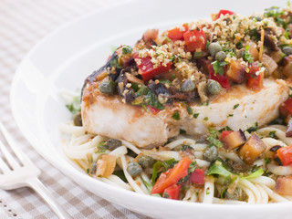 Baked Sicilian Swordfish with Linguine