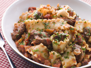 Strips of Fillet Steak in a Chilli Tomato Sauce with Trompetti P