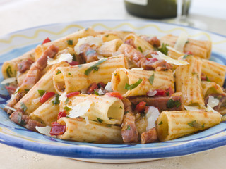 Rigatoni Pasta with a Tomato and Pancetta Sauce