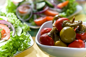 Fresh salad with onion, tomato and basil