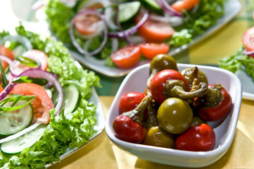 Fresh salad with onion, tomato and basil