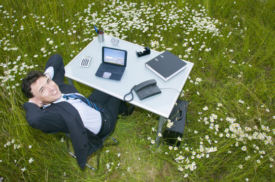 B&uuml;ro im Gr&uuml;nen, Manager am Schreibtisch, Blick in die Kamera