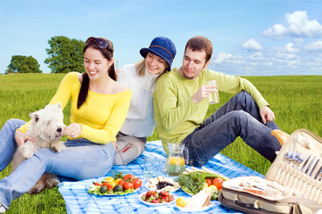 three friends with little white dog at picnic