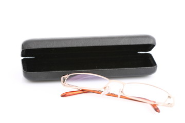 Eyeglasses with case on white background