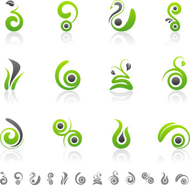 Set of 12 abstract green icons and graphics
