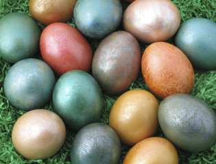 Colorful easter eggs on green grass background