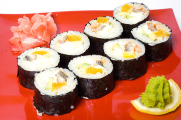 Sushi on a red plate