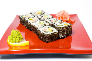 Sushi on a red plate