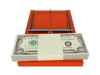 Orange mousetrap with money. On a white background.