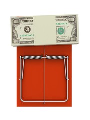 Orange mousetrap with money. On a white background.