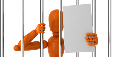Orange mannequin to be behind bars with blank papper.