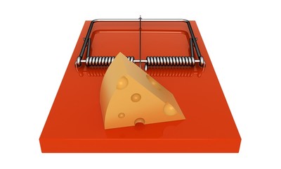 Orange mousetrap with cheese. On a white background.