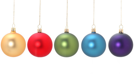 Five colored christmas balls hanging from golden thread