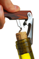 Opening a wine bottle with corkscrew, isolated on white