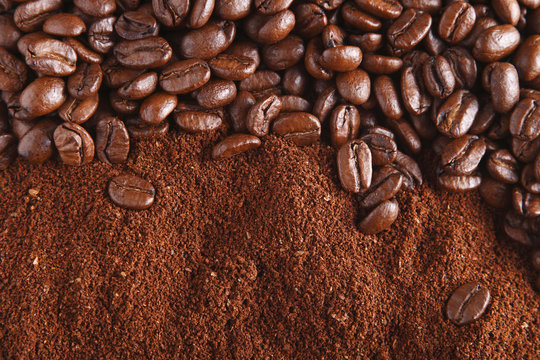 coffee beans and ground, perfect for background, warm light