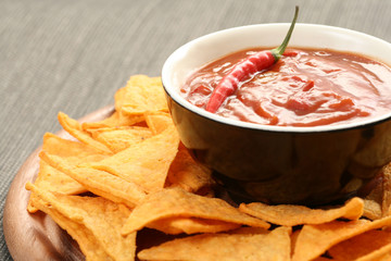 tortilla chips with hot salsa mexicana - party food